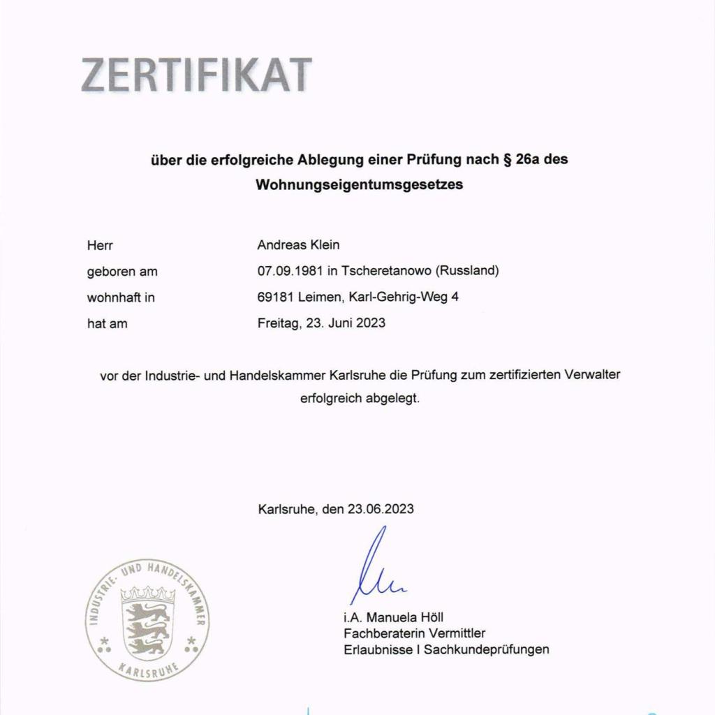 Zertifikat der IHK über die erfolgreiche Ablegung einer Prüfung nach § 26a des Wohnungseigentumsgesetzes